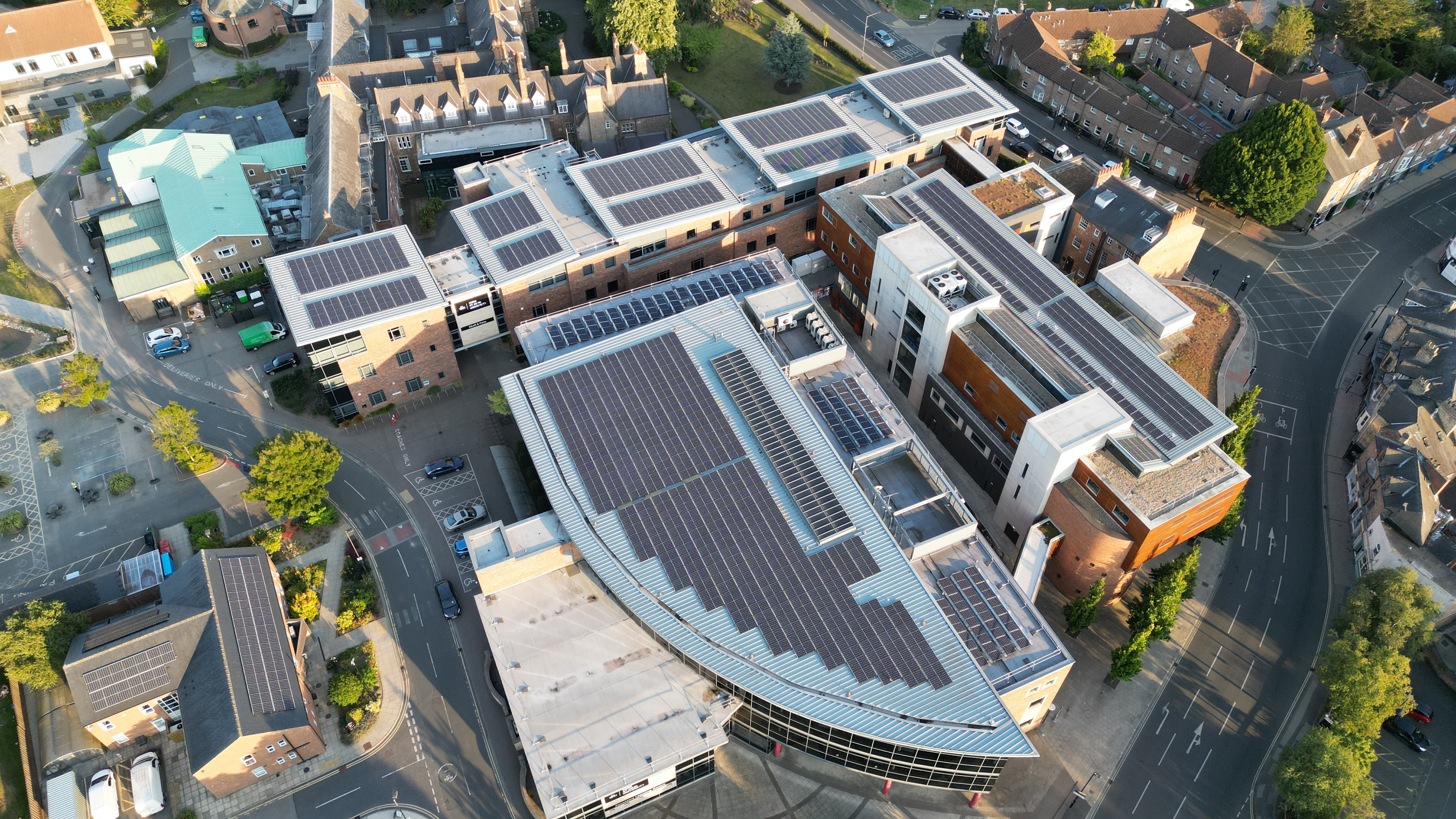 Drone shot of St John University roof with solar panels