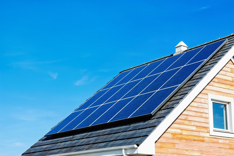 Solar Panels on the side of a roof. Very blue skies.