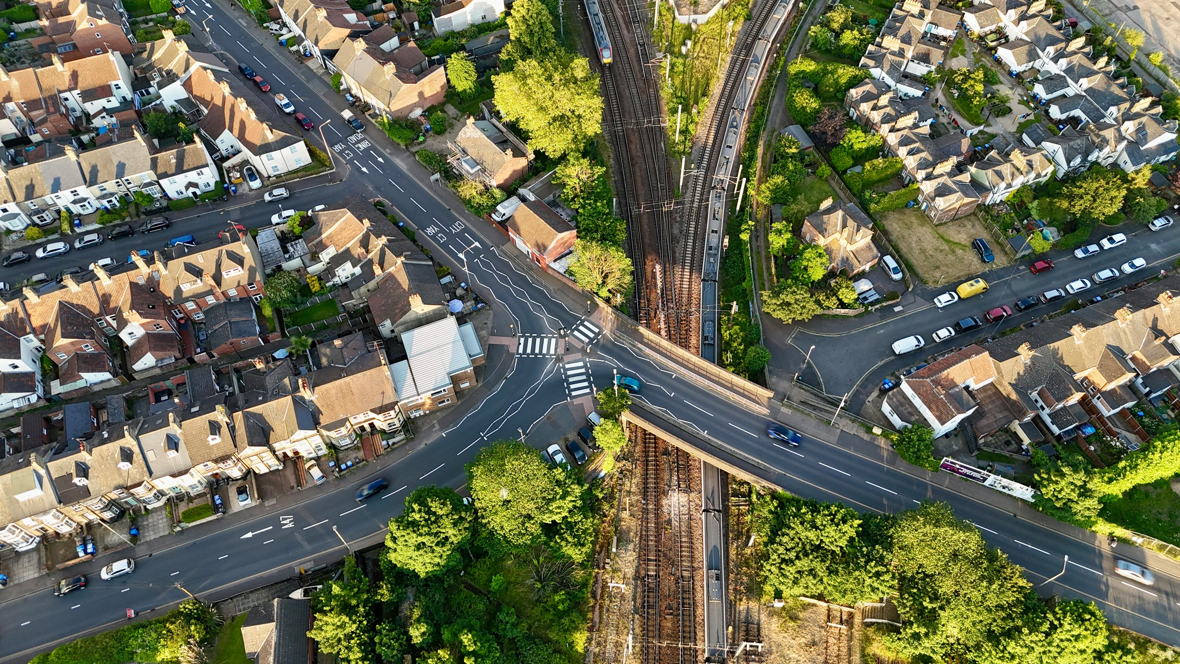 Ariel view of houses with road layout.