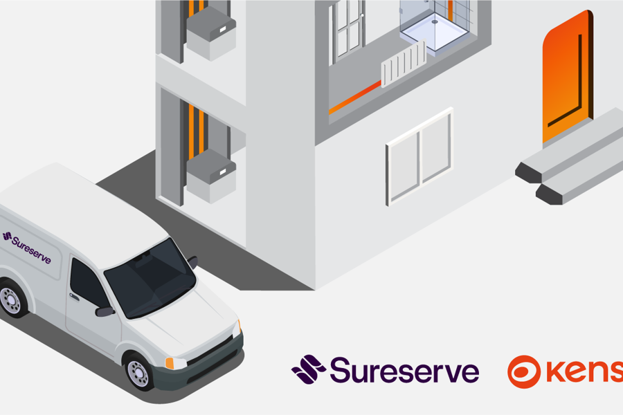 Sureserve van outside a home. Kensa logo.