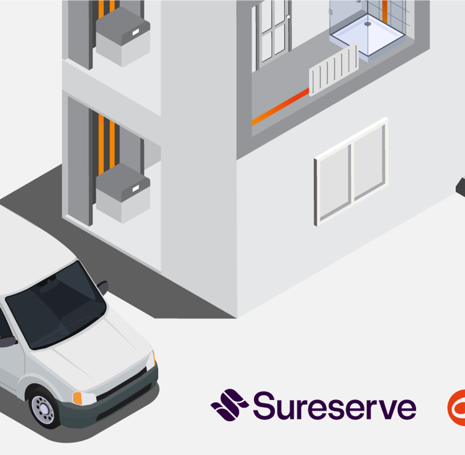 Sureserve van outside a home. Kensa logo.